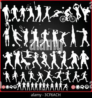 A collection of white silhouettes depicting various sports activities on a black background design layout Stock Vector