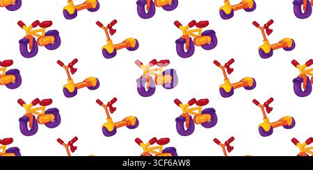 Seamless pattern with colorful bikes and scooters in cartoon flat style. Bright children transport illustration on white background. Stock Vector