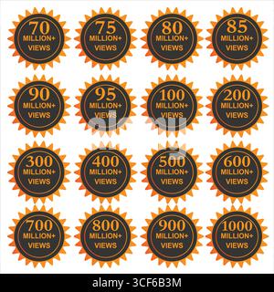 Super bundle of million+ views designs, from 70M+ to 1000M+ views, editable vector pack for social media marketing and web promotions. Stock Vector