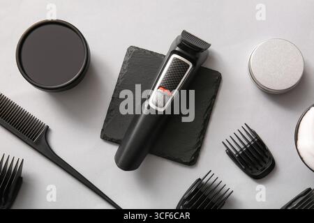Set of male shaving accessories on grey background Stock Photo
