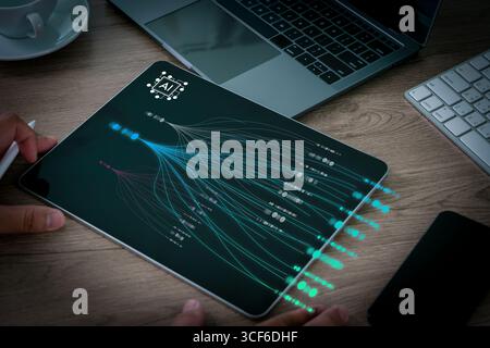 AI recommendation concept with tablet displaying abstract data flow and neural network diagram, symbolizing artificial intelligence, predictive analyt Stock Photo