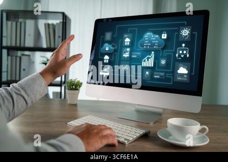 Detailed user flowchart and data analytics interface displayed on a modern computer screen, representing cloud computing, AI integration, and business Stock Photo