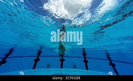 Underwater view of a male swimmer training in a clear blue swimming pool Stock Photo