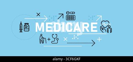 Medicare banner graphic illustration icons representing healthcare elderly care and medical treatment health insurance senior care services or medical Stock Vector