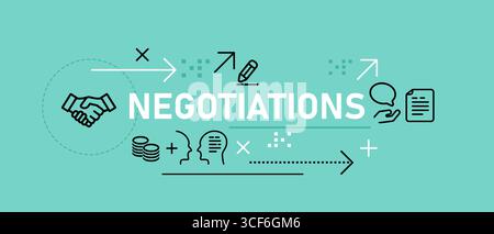 Negotiations business deals banner graphic illustration icons representing a handshake dialogue and money business deals conflict resolution diplomacy Stock Vector