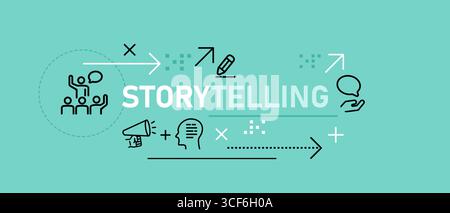 Storytelling banner graphic illustration representing public speaking communication and creative writing header brand narrative content creation by Stock Vector