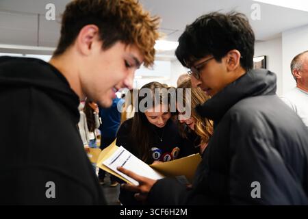 Pupils at Solihull School in Solihull receiving their GCSE results. Hundreds of thousands of pupils in England, Wales and Northern Ireland are receiving grades to help them progress to sixth form, college or training. Picture date: Thursday August 21, 2025. Stock Photo