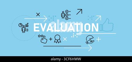 Evaluation banner graphic illustration icons representing ratings reviews feedback and performance measurement on performance reviews quality Stock Vector