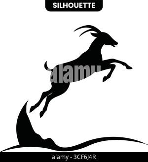 A striking black silhouette of an ibex or mountain goat standing proudly against a backdrop of stylized mountains and clouds. Perfect for nature and Stock Vector
