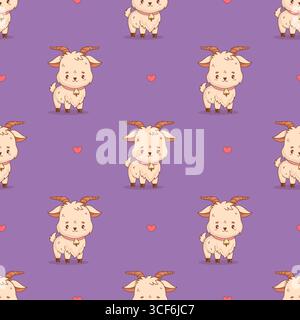 Seamless pattern with Cute Little Goat with bell on purple background with hearts. Happy Cartoon Funny kawaii Farm Animal character. Vector illustrati Stock Vector