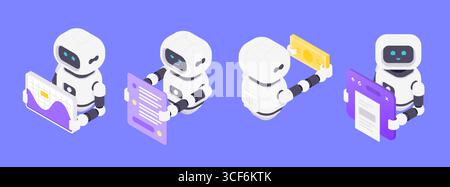 Isometric vector illustration depicting four AI robots analyzing data, communicating via chat, managing finance, and interacting with web interfaces e Stock Vector