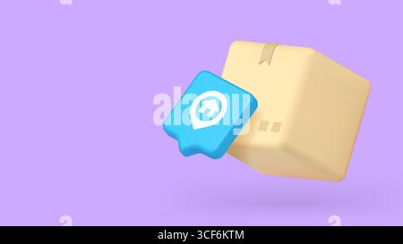 Logistics concept showing cardboard box and location pin, great for delivery services, shipping, tracking systems, and e-commerce platforms. 3d realis Stock Vector