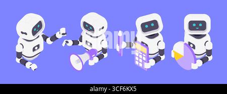 Isometric vector illustration depicting four AI robots handling communication, speech processing, data analysis, and information visualization artific Stock Vector