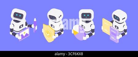 Isometric vector illustration showing AI robots performing visual data processing, security, analytics, and language tasks emphasizing technology, col Stock Vector