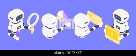 Isometric vector illustration showing four AI robots focused on data analysis, visualization, finance management, and multimedia content emphasizing a Stock Vector
