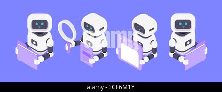 Isometric vector illustration depicting AI robots performing data analysis, search, management, and storage tasks symbolizing digital automation and i Stock Vector