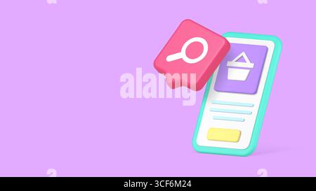 Ecommerce interface concept with smartphone screen, shopping cart and magnifying glass inside speech bubble, perfect for online retail and product sea Stock Vector