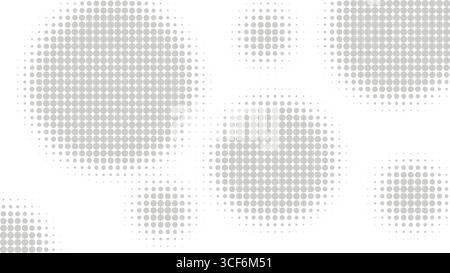 Gray halftone style circles on white background. Retro texture overlay effect. Universal horizontal splash screen, vector graphics Stock Vector