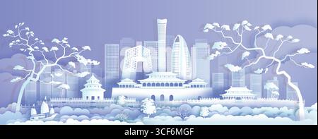 Travel Asia landmarks cityscape of beijing on purple background with sailing boat, Tour China with panoramic cityscape popular capital, Origami paper Stock Vector