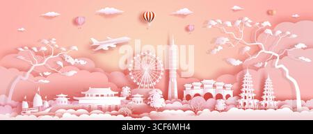Travel Asia landmarks of Taiwan on pink background with airplane and sailing boat, Tour China with panoramic cityscape popular capital, Origami paper Stock Vector