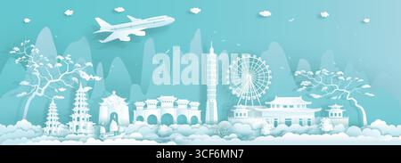 Travel Asia landmarks city of Taiwan Taipei on blue background with airplane and sailboat, Tour China with panoramic popular capital, Origami paper ar Stock Vector
