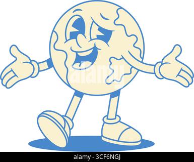 Cheerful comic globe Earth cartoon character welcome contoured vector flat illustration. Smiling funny cute global planet ecology environment educatio Stock Vector