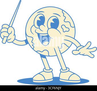 Comic globe Earth cartoon character with education stick pointer contoured vector flat illustration. Smiling funny global planet ecology environment n Stock Vector