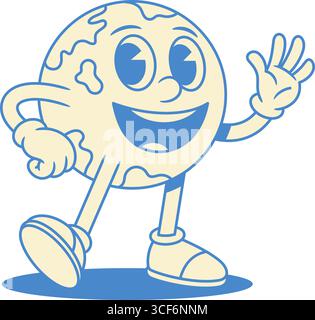 Cheerful funny global Earth cartoon character greeting hi contoured vector flat illustration. Smiling happy globe planet ecology environment education Stock Vector