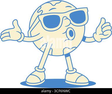 Funny comic globe Earth cartoon character in sunglasses contoured vector flat illustration. Cheerful minimalist global planet ecology environment natu Stock Vector