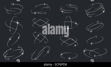 Set of elegant design elements: oval orbit of different variations with shimmering particles. Sparkling frame with sparkles. Stylized orbit line Stock Vector