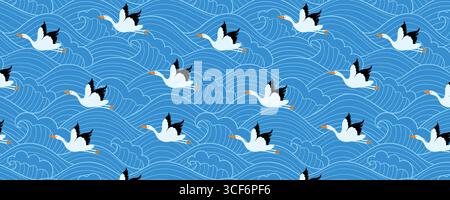 Seamless Japanese Wave Pattern with Flying White Cranes on Blue Background. Traditional oriental design for wallpapers, fabrics, and wrapping paper. Stock Vector