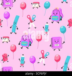 Cute Seamless School Supplies Pattern for Girls Flat Vector Stock Vector