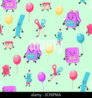 Seamless Flat Vector Pattern of Cute School Supplies for Girls Stock Vector