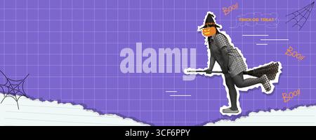Collage featuring a witch riding a broomstick with Halloween motifs. Vector illustration Stock Vector