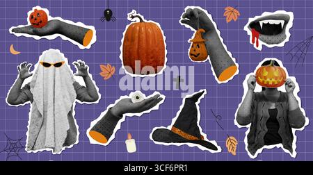 Halloween collage featuring spooky pumpkins and ghostly elements. Vector illustration Stock Vector