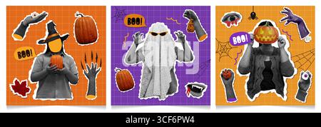 Collage for Halloween celebration featuring spooky elements. Vector illustration Stock Vector