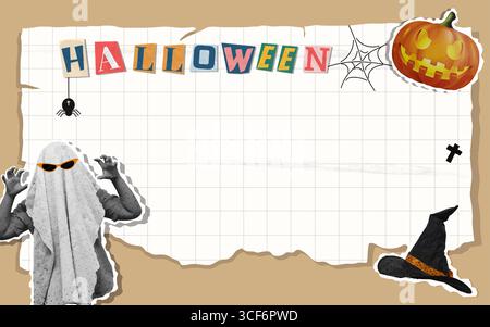 Halloween collage featuring a ghost and spooky letters. Vector illustration Stock Vector
