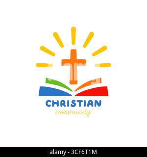 Creative logo for Christian community. Set of elements with rounded corners. Shiny cross, open book with colorful pages. Flat design. Religious symbol Stock Vector