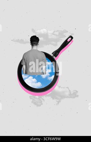 Vertical image sketch vertical collage of anonym man peek nonstick frying pan kitchenware equipment cooking breakfast clouds Stock Photo