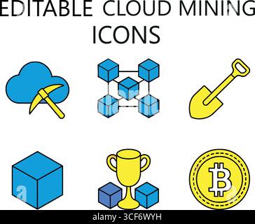 Cloud mining icon set for crypto enthusiasts, featuring bitcoin, shovel, blocks, trophy, and cloud, perfect for landing pages and presentations Stock Vector