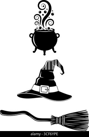Spooky Halloween witch hat, bubbling cauldron, and broomstick conjure the perfect seasonal graphic for invitations and decorations Stock Vector