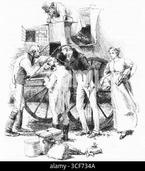 This line drawing shows a group of people gathered around a horse-drawn coach, busy with the task of loading luggage. A man on the roof of the coach leans down to help, while three other men and a woman on the ground are handling boxes, baskets, and other parcels. The scene captures the organized chaos of preparing for a journey. Illustration first published in 1888 by Richard Clay and Sons in the book Coaching Days and Coaching Ways by W. Outram Tristram. The illustrators were Herbert Railton and Hugh Thomson. Stock Photo