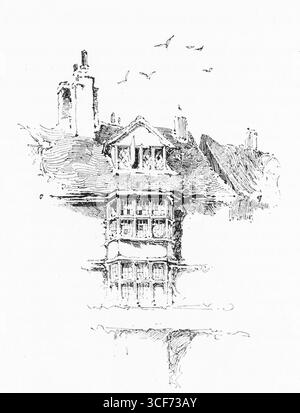 In St. Albans, Hertfordshire, a steep-roofed, multi-story building rises with Tudor echoes—timber accents, clustered chimneys, and a prominent bay window projecting from the façade. Birds arc above in the pale sky, animating the quiet sketch. The fine-lined rendering captures architectural dignity and historical depth, evoking the town’s layered past and its enduring visual character. Illustration first published in 1888 by Richard Clay and Sons in the book Coaching Days and Coaching Ways by W. Outram Tristram. The illustrators were Herbert Railton and Hugh Thomson. Stock Photo