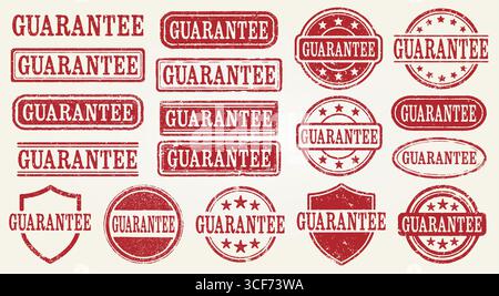 Guarantee Retro Grunge Stamp Set. Collection Of 18 Vintage Red Guarantee Rubber Stamps With a Distressed Grunge Texture. Perfect For Labels, Packaging Stock Vector