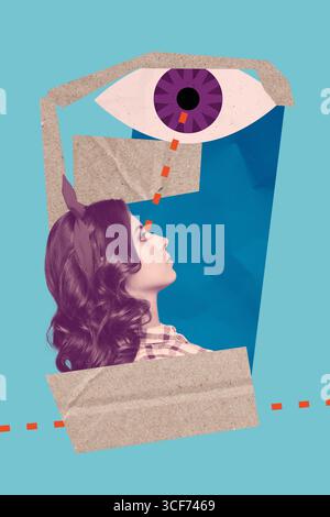 Sketch composite 3D photo collage trend artwork of vision focus portrait young woman pinup style hairdo headband contact third eye Stock Photo