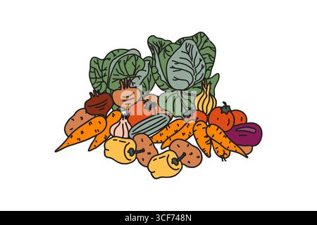 Set botanical different vegetables isolated on white background.Hand drawn cartoon colorful veggies with Cabbage Carrot Pepper Potato Onion Tomato vec Stock Vector