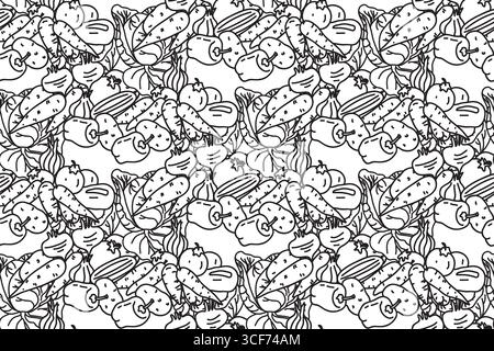 Line art botanical vegetables seamless pattern vector illustration.Repeating different veggies with Carrot Pepper Onion Potato Tomato in white backgro Stock Vector