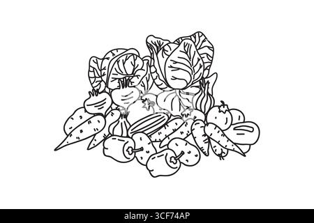 Set Line art botanical different vegetables isolated on white background.Hand drawn outline veggies with Cabbage Carrot Pepper Onion Potato Tomato vec Stock Vector