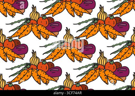 Botanical colorful vegetables seamless pattern vector illustration. Repeating cartoon different veggies with Carrot Onion Potato Tomato in white backg Stock Vector