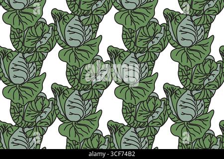 Botanical drawing green cabbages seamless pattern vector illustration.Repeating cartoon vegetables in white background. Graphic design for Cover Fashi Stock Vector